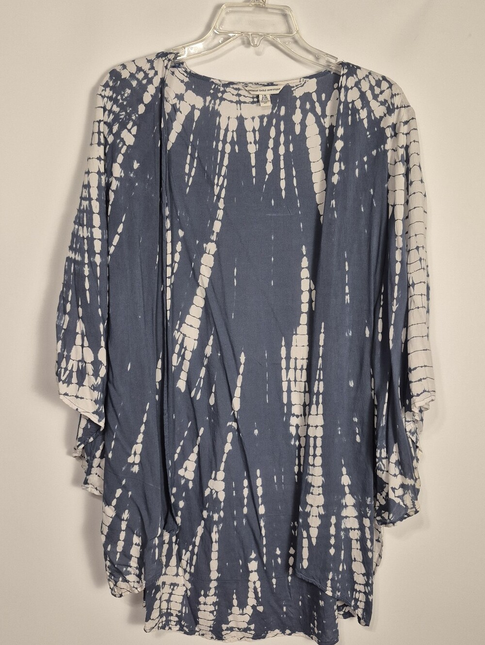 American Eagle Tie Dye Kimono Cardigan Blue White Boho Open Front L XL Womens